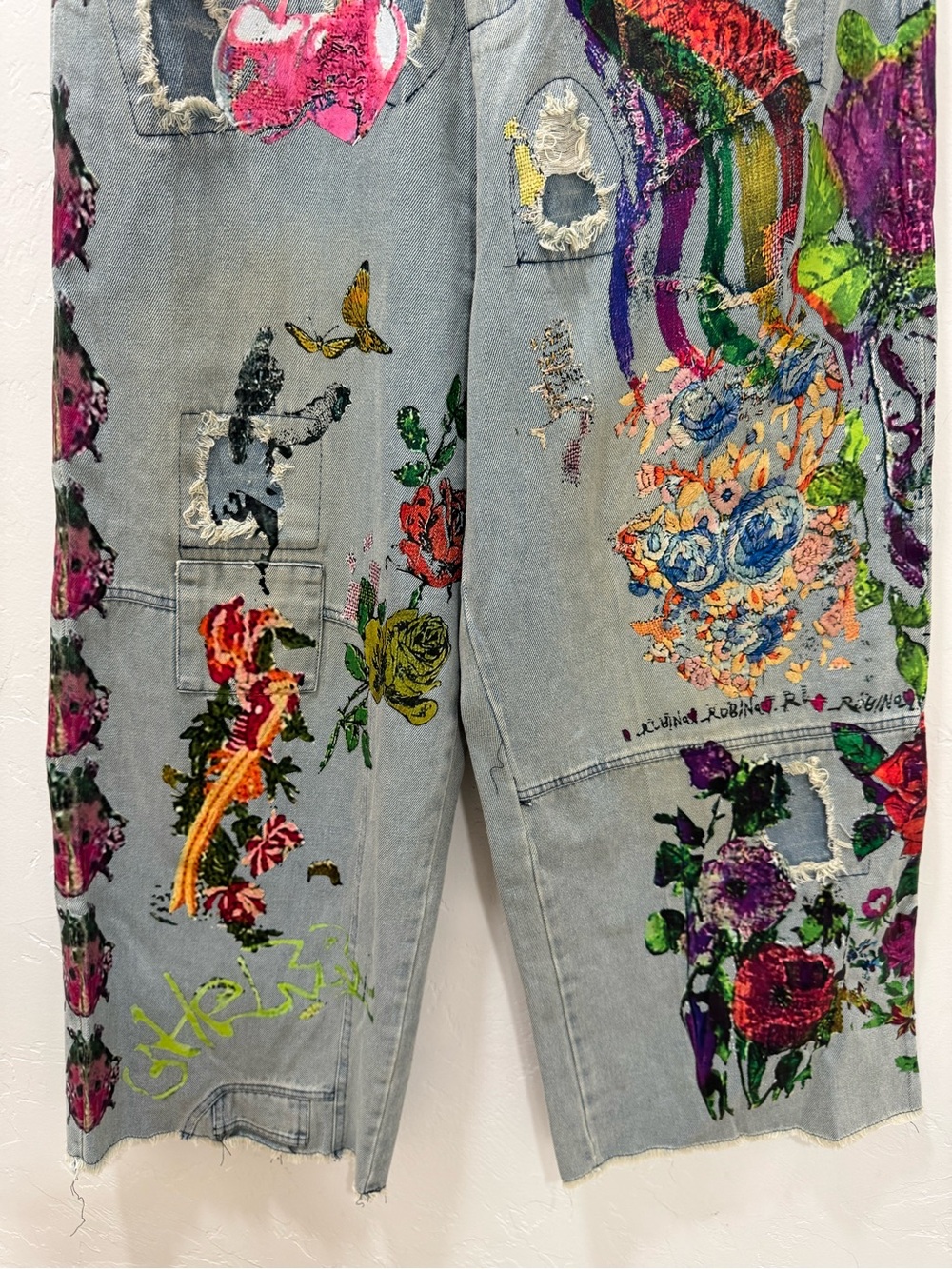 Hippie Indie Folk Art to Wear Festival Graffiti Floral Drop Crotch Jeans Medium - Picture 4 of 14
